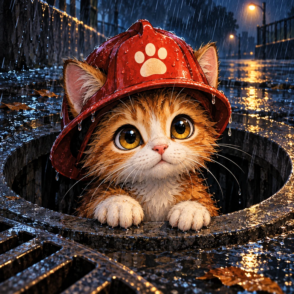 An orange-and-white kitten wearing a red firefighter helmet peeks out of a storm drain on a rainy night.